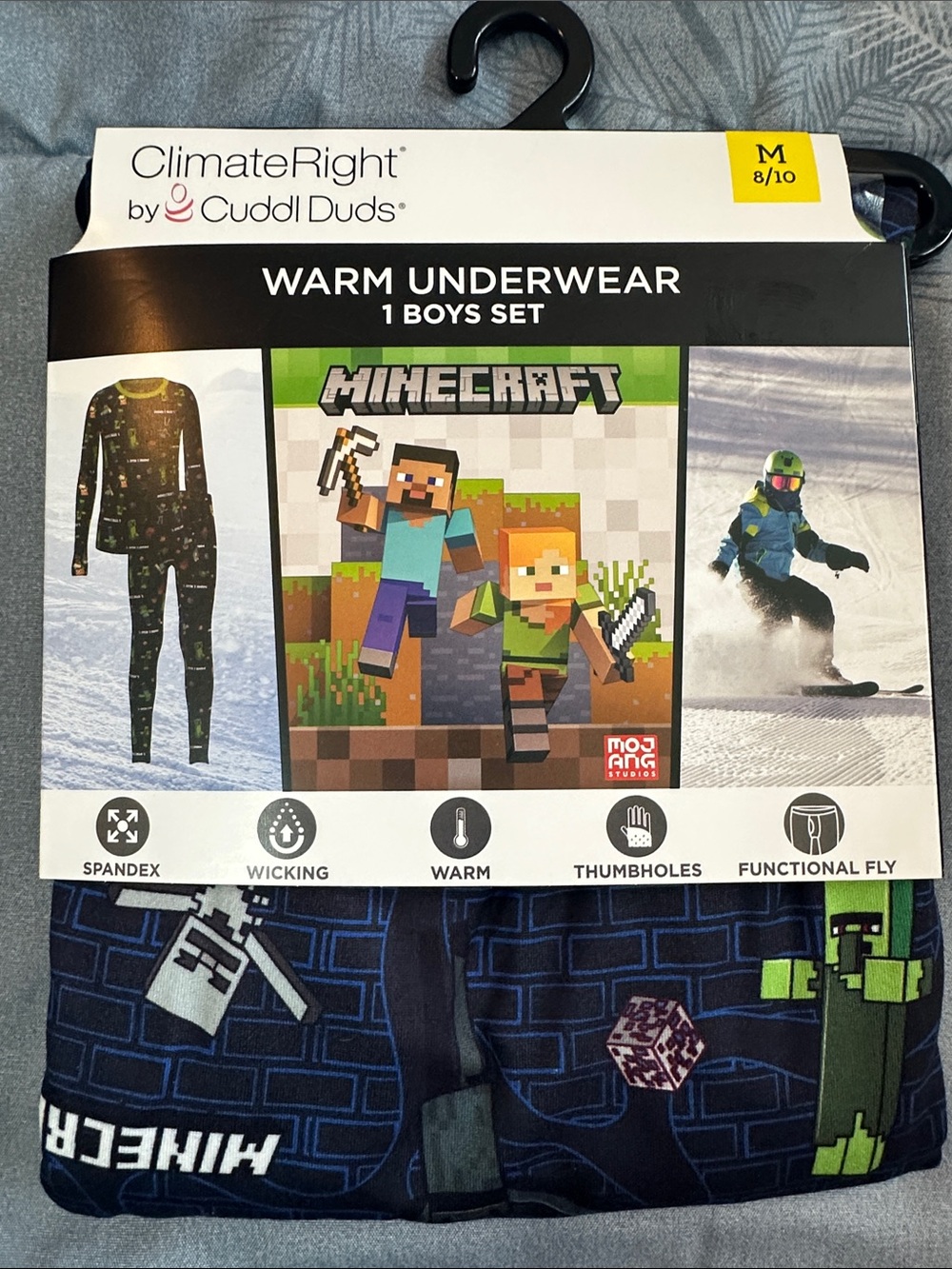 NWTS Cuddl Duds Boys' Minecraft Thermal Set Navy w/Green & Light Blue Sz M 8/10
